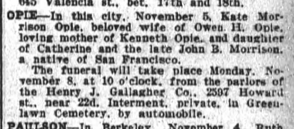 obit San Francisco Chronicle 
6 Nov 1915