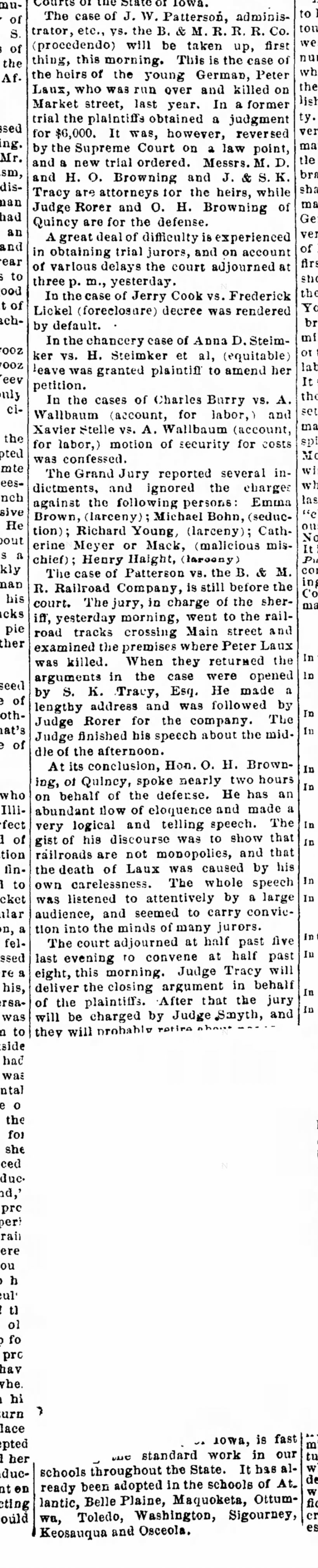 Peter Laux' death on RR tracks in 1873. Court case June 1874