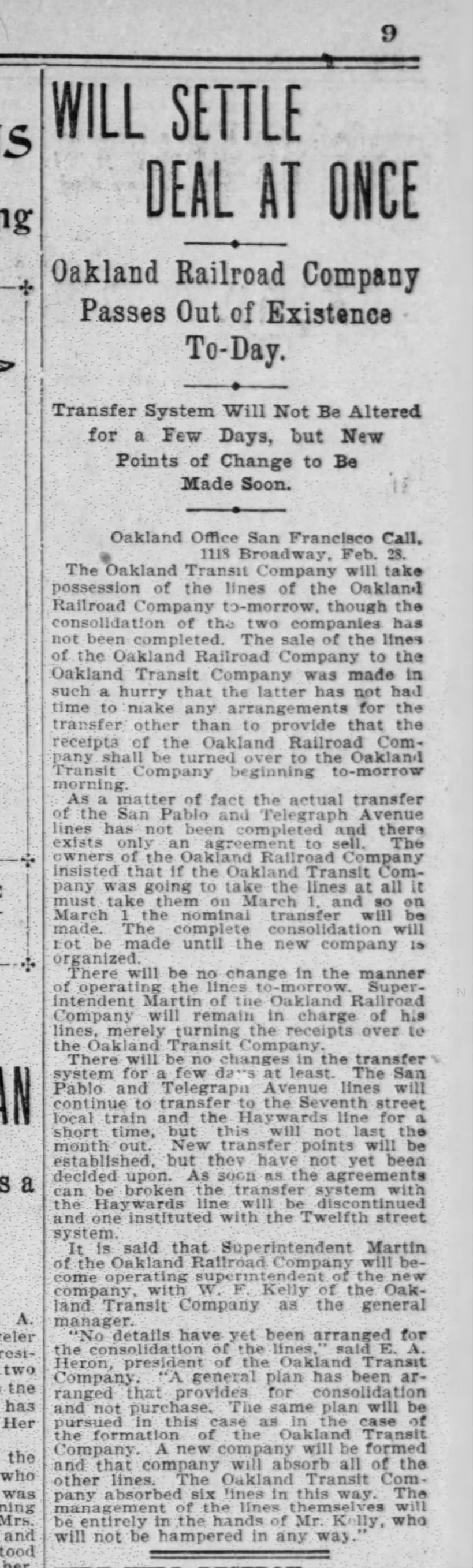 End of Oakland Railroad Company March 1, 1901