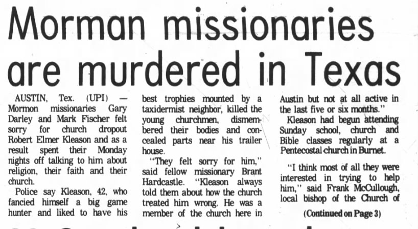 Robert Elmer Kleason murders two missionaries outside of Austin Texas.