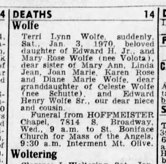 Mary Rose Wolfe (nee Volota). St. Louis Post Dispatch (St. Louis, Missouri) 5 Jan 1970, Mon Page 17