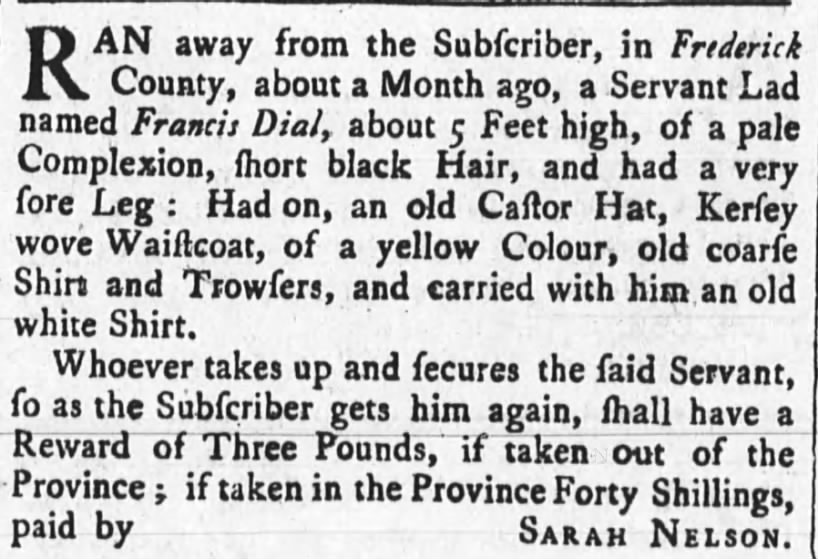 Sarah Nelson the Maryland Gazette Aug 14 1766