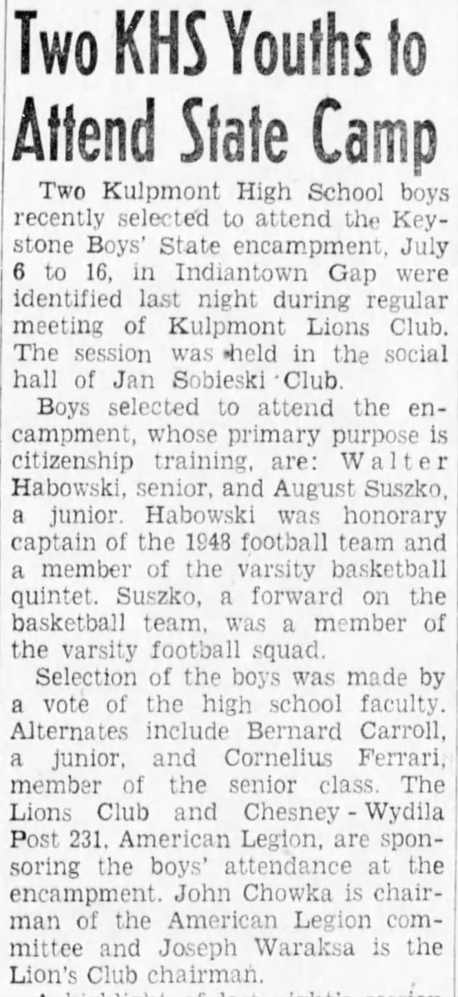 1949,April 12.....Walter Habowski selected to attend camp for citizenship training.