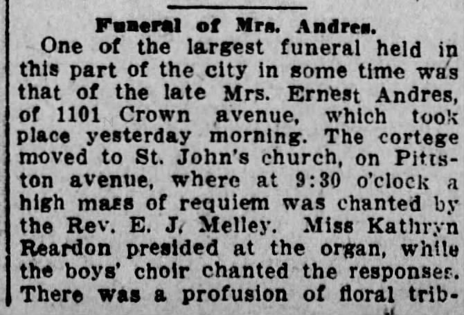 Funeral of Mrs. Ernest Andres
Scranton Republican, Friday, Dec. 6, 1912