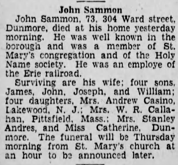 John Sammon Funeral Announcement
Scranton Republican
Monday, April 15, 1929