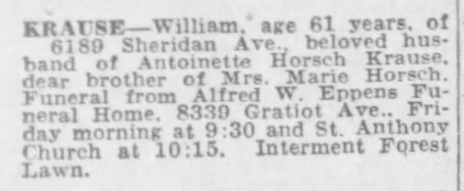 KRAUSE William, husband of Antoinette HORSCH (death notice) Wed 17 Sep 1952