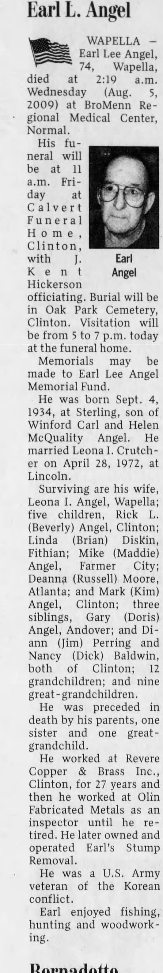 Obituary for Earl Lee Angel, 1934-2009 (Aged 74)