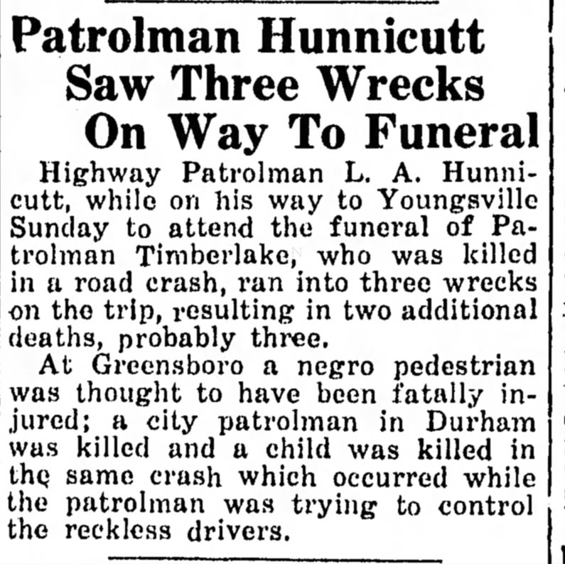 Hunnicutt on way to Timberlake funeral 7 December 1939, Page 1 Statesville Record and Landmark