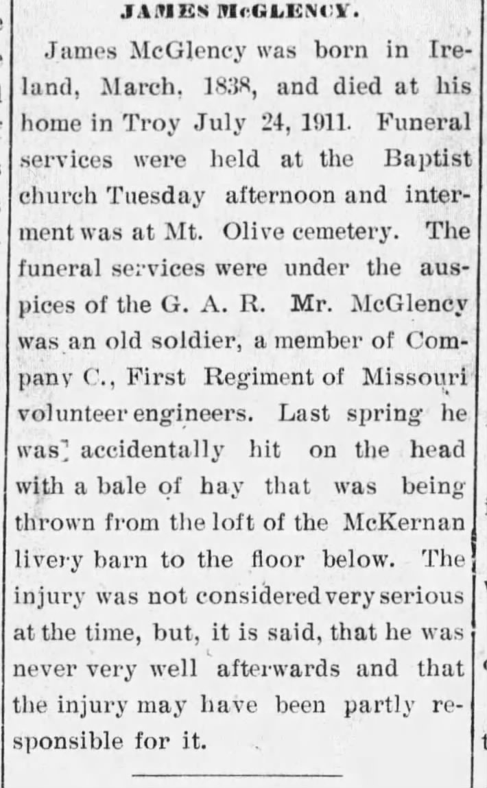 James McGlency, obit. 7-28-1911 Troy, KS