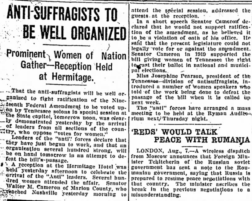1920 Anti-suffragists battling 19th amendment, headquartered at Hermitage Hotel, Nashville