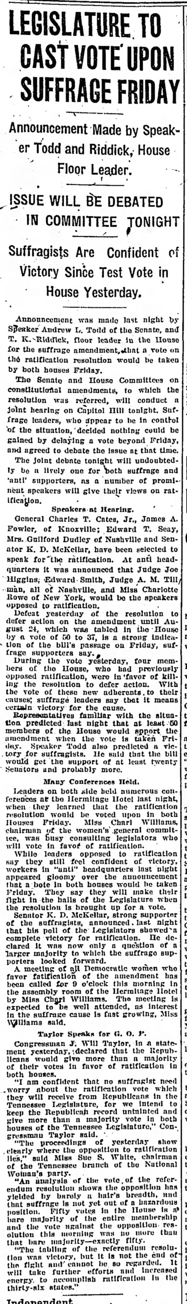 1920 Aug 12 Nashville TN Battle for 19th Amendment TN's Senate and House votes expected to be 50/50