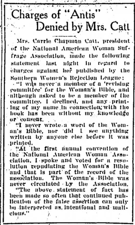 Nashville Aug 1920 Mrs Catt denied alliance w/1895 Woman's Bible 1st ed, name used w/o permission