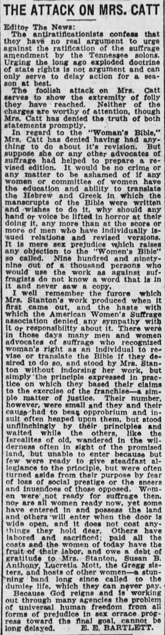 1920 Aug Tennessee Antis 19th Amendment /Elizabeth Cady Stanton Woman's Bible / Carrie Chapman Catt