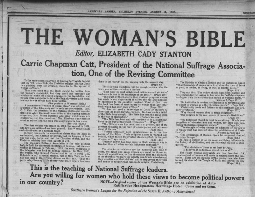 1920 Aug 12 Anti-suffragists ad: Cady Stanton's WOMAN'S BIBLE exhibit, Hermitage Hotel "Come & See" 