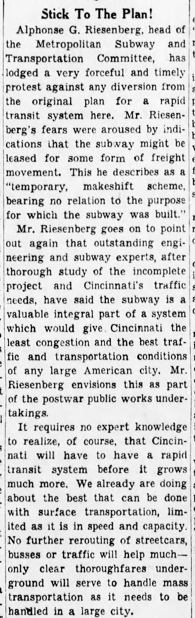 Alphone Riesenberg re: Cincinnati Subway