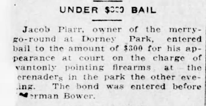 Jacob Plarr under $300 bail for wantonly pointing firearms in Dorney Park August 1913