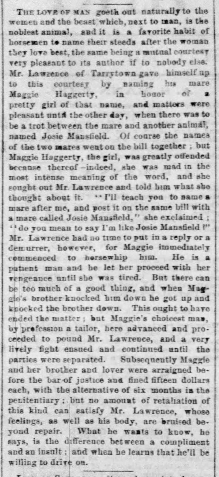 MR. LAWRENCE NAMES HORSE AFTER A WOMAN. 1872