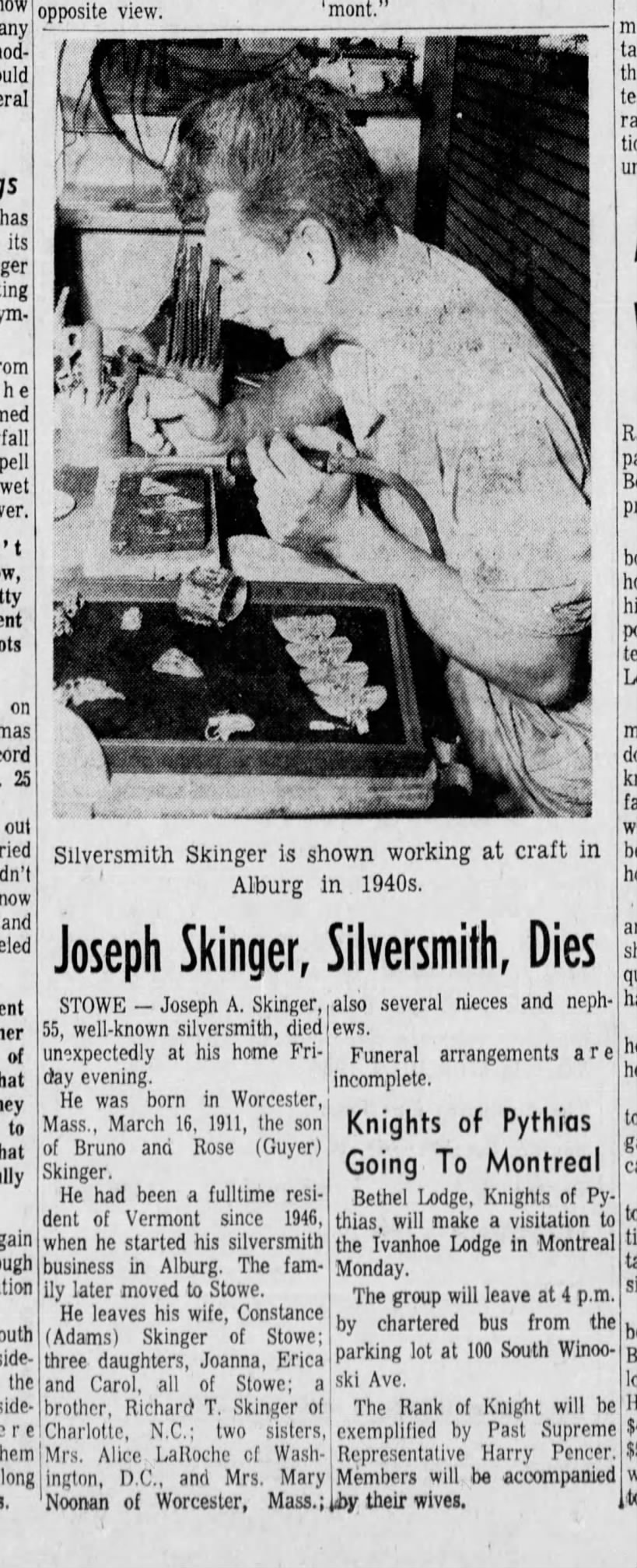 Joe Skinger silversmith dies (1967)