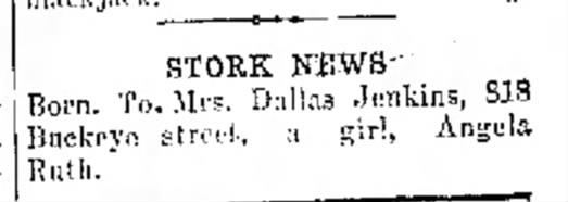 Birth announcement Angela Jenkins to Dallas and Katherine Jenkins (1929)