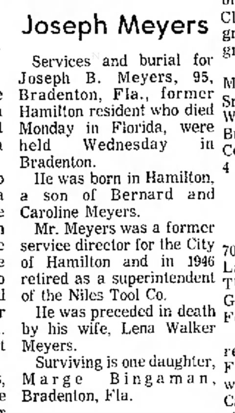 Obituary Joseph B. Meyers (1973)