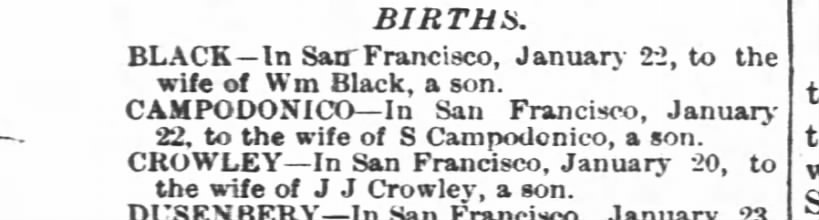 Birth of son on January 22, 1880 to the wife of S. Campodonico