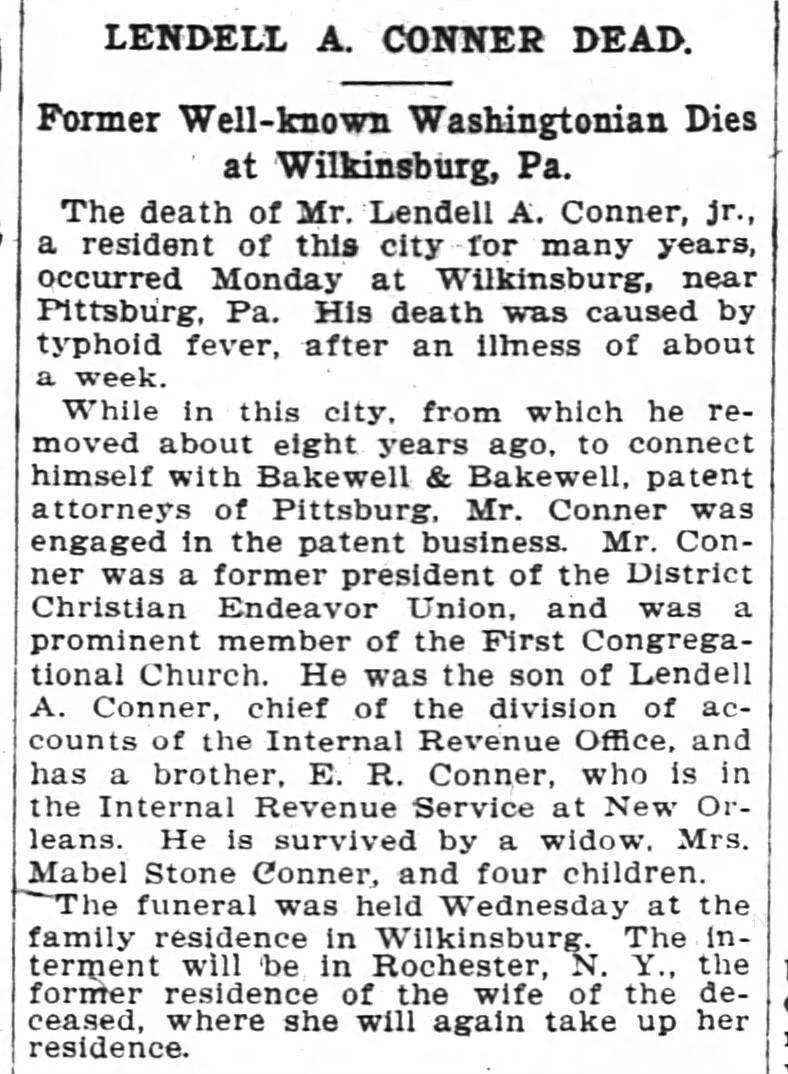 Lendell A Conner Jr. Death Notice 31 Dec 1904 Washington Post