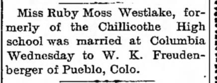 W.K. Freudenberger marriage to Ruby Moss Westlake