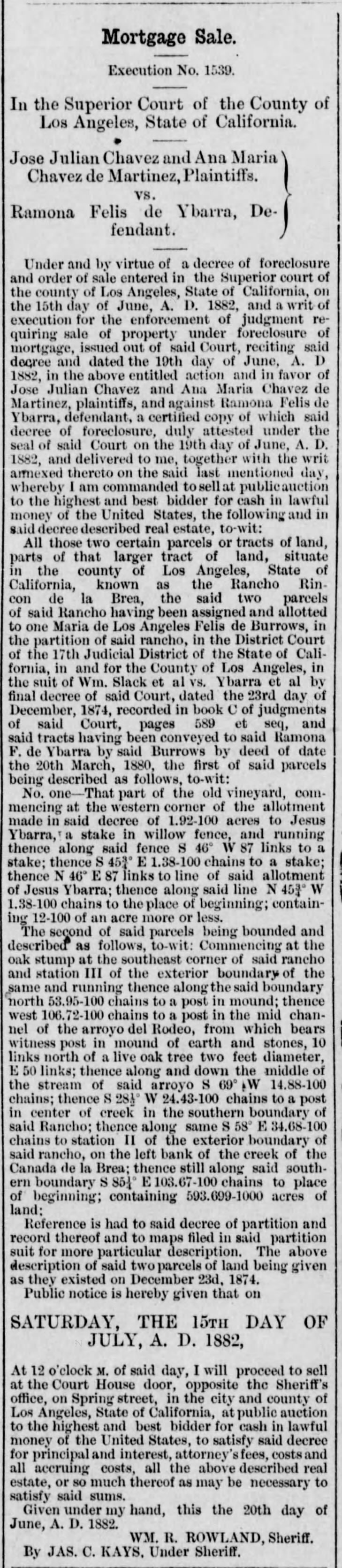 Possible Maria De Los Angeles & Ybarra foreclosure sale?  LA Herald 23 June 1882