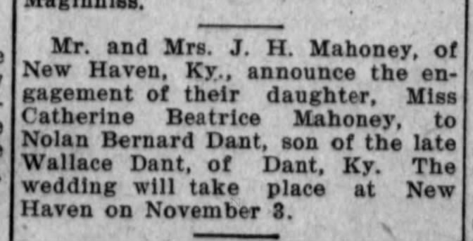Dant, Nolan Bernard son of Wallace Dant marries 3 Nov 1914