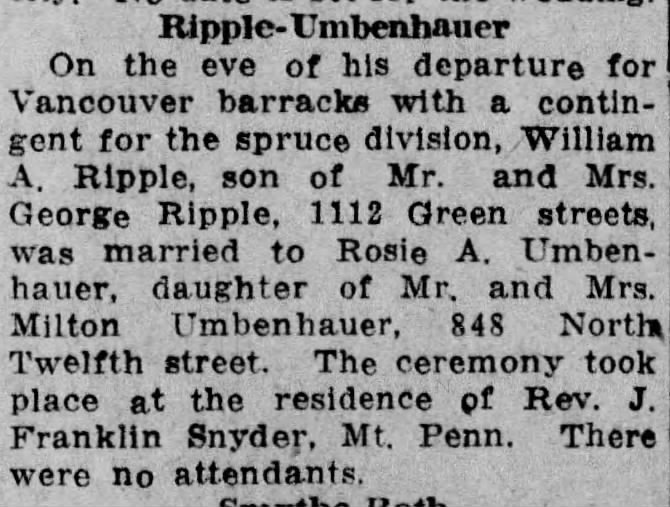 Ripple-Umbenhauer Wedding Annoucement 3/8/1918