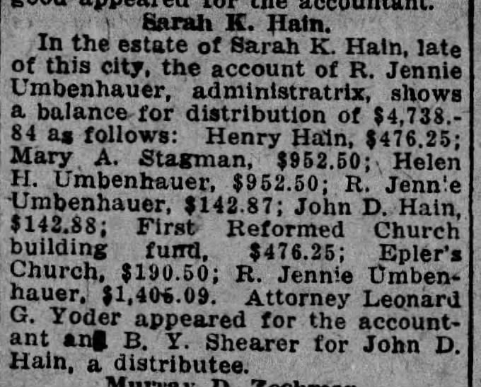 Sarah K Hain estate
9/29/1919