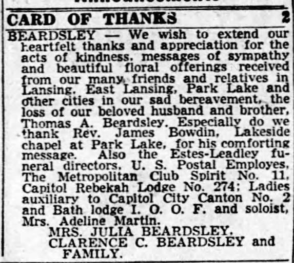 Thomas A Beardsley - Card of Thanks from the Family