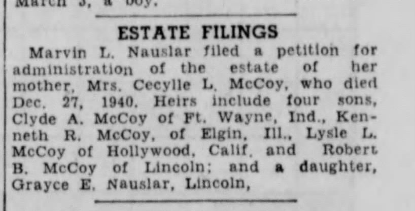 Grayce E. Nauslar estate of Cecyille McCoy 3/10/42
