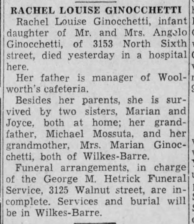 Rachel Louise Ginocchetti 1 Mar 1944 Harrisburg Evening News