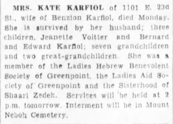 GOLDSTEIN (KARFIOL), Kate - Obit - 10 January 1933