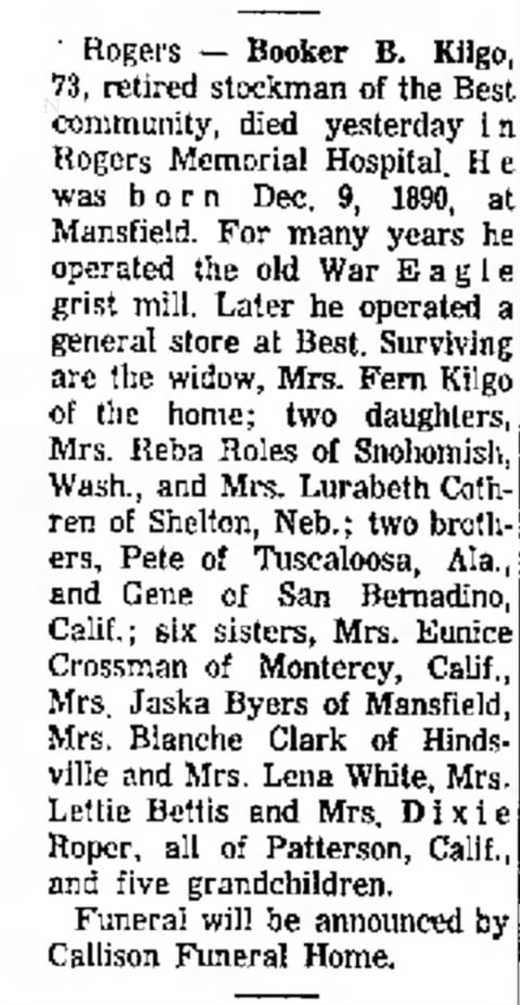 NW Arkansas Times, 15 Jan 1964, page. 3, Obituary