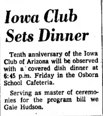 Gale Hudson, Iowa Club of Arizona, Arizona Republic, 9/23/1959