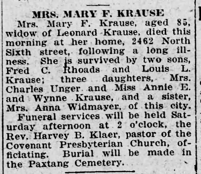 1923 - Mrs. (Leonard) Mary A Krause Obit