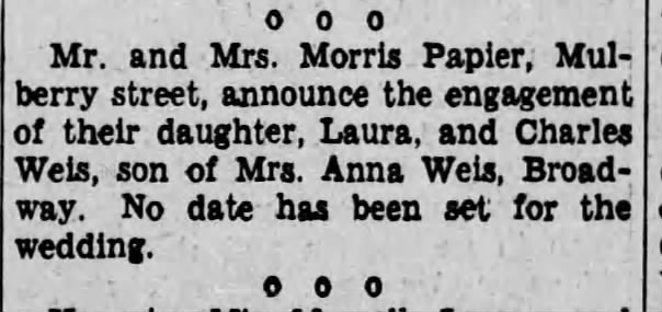 Laura Papier engagement announcement. The Scranton Republican, June 1, 1934