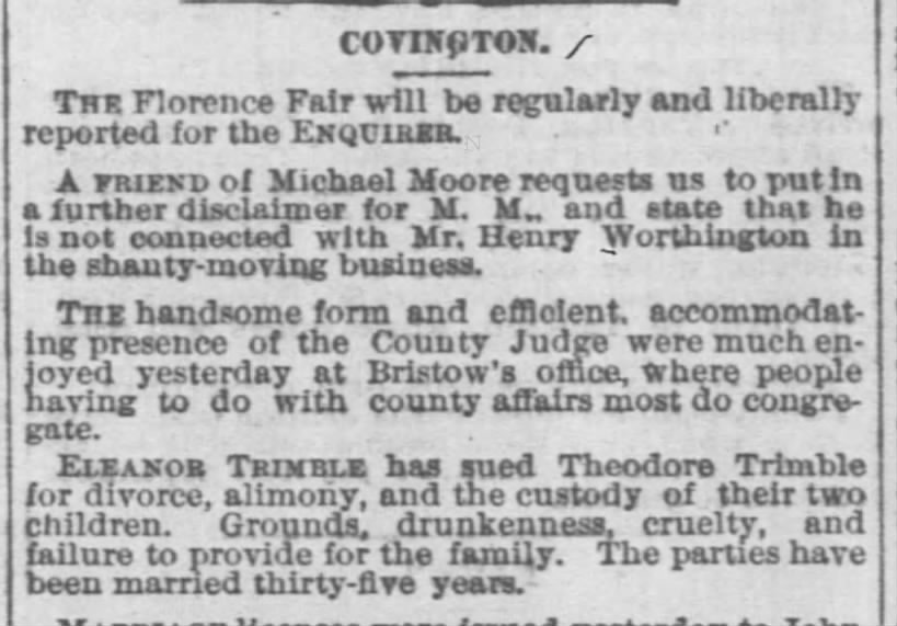 Eleanor Trimble files for divorce from Theodore Trimble, 1876