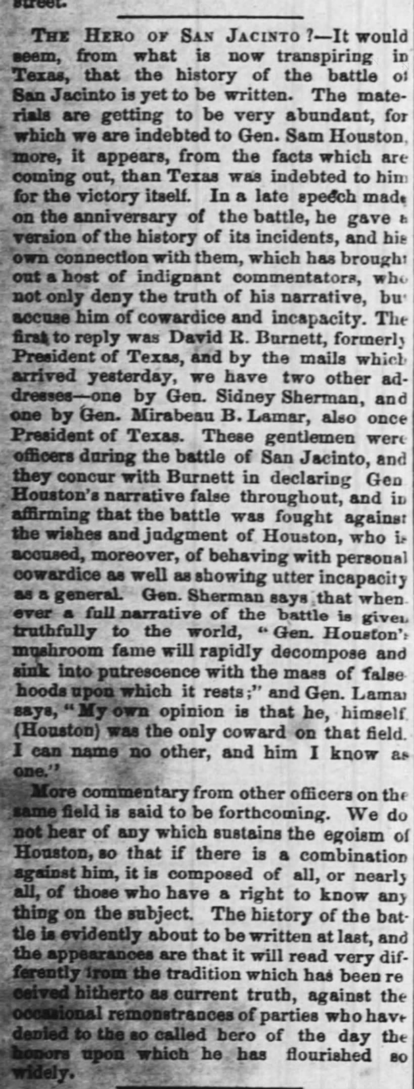More details about the cowardliness of Sam Houston in The Battle of San Jacinto