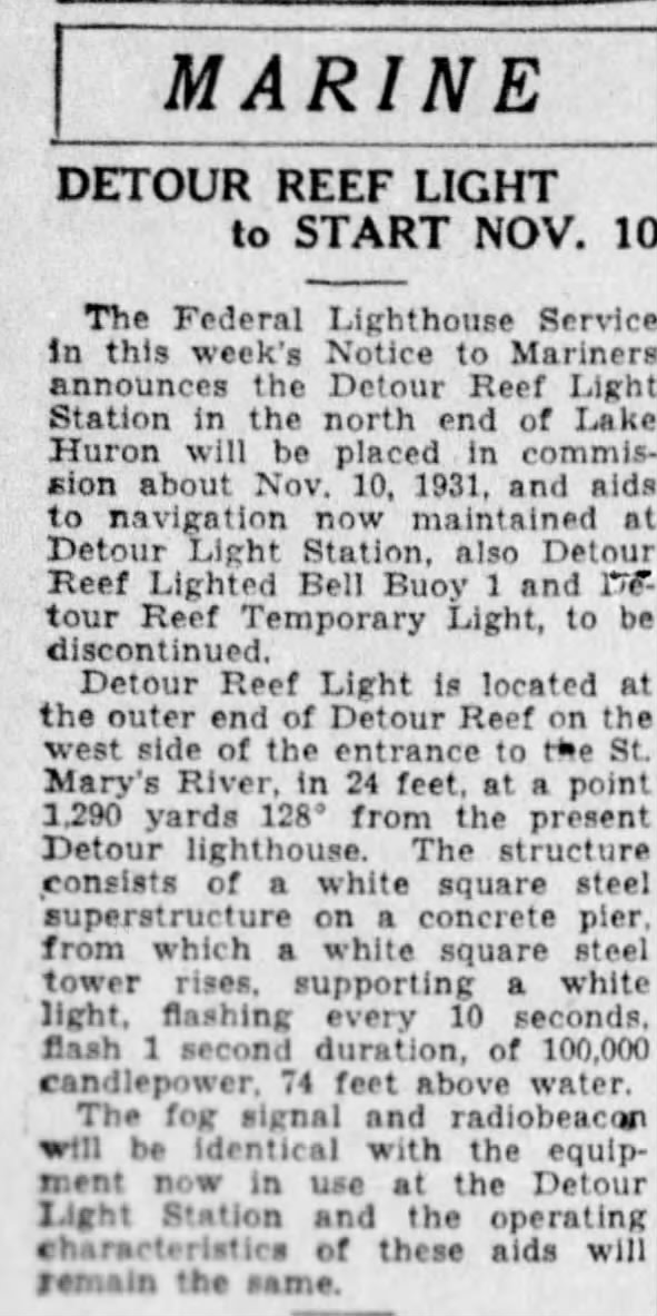 Detroit Free Press - 6 Nov 1931 - Detour Reef Light begins operation