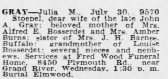 Detroit Free Press 01 Aug 1950
Death Notice
Julia Smith Minckler Gray