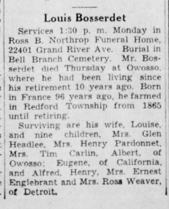 Detroit Free Press 17 Jan 1937  Sun
Obituary Louis P Bosserdett