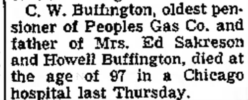 Chester W. Buffington obit, Daily Herald, 28 Jan 1960