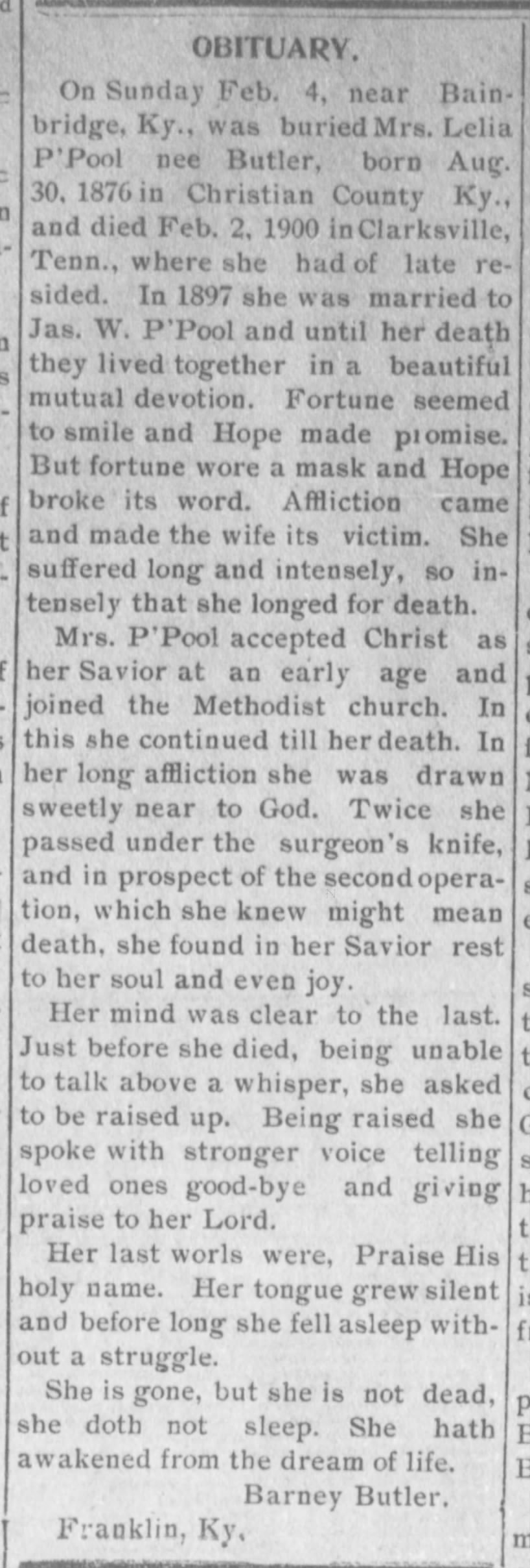 Hopkinsville Kentuckian (Hopkinsville, KY)   Friday, 16 February 1900  Lelia Butler P'Pool Obit