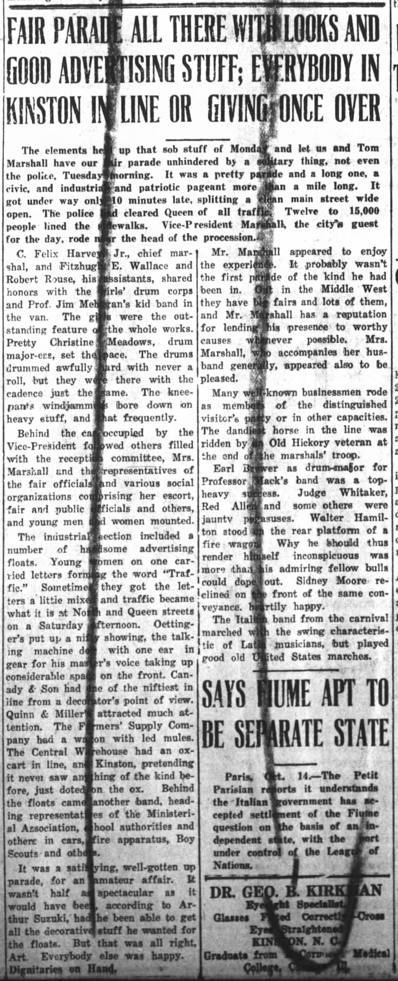 The Kinston Free Press (Kinston, NC)  Sat., 18 October 1919  Earl Brewer, Fair Parade
