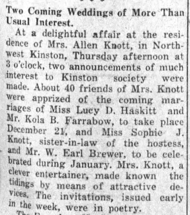 The Kinston Free Press (Kinston, NC)   Wed., 24 Nov. 1920    W. Earl Brewer Engagement