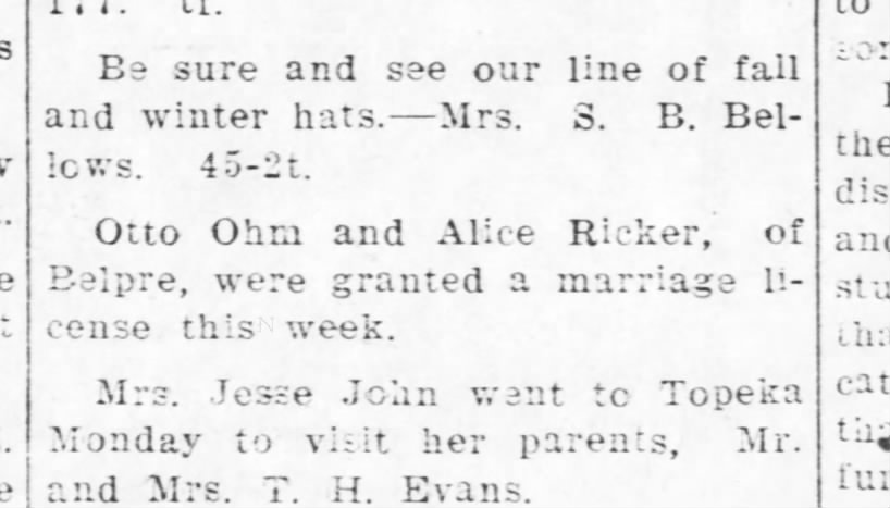 Ricker, Alice & Otto Ohm - marriage license - Kinsley Graphic - 10 Sep 1912, Thu - pg 5