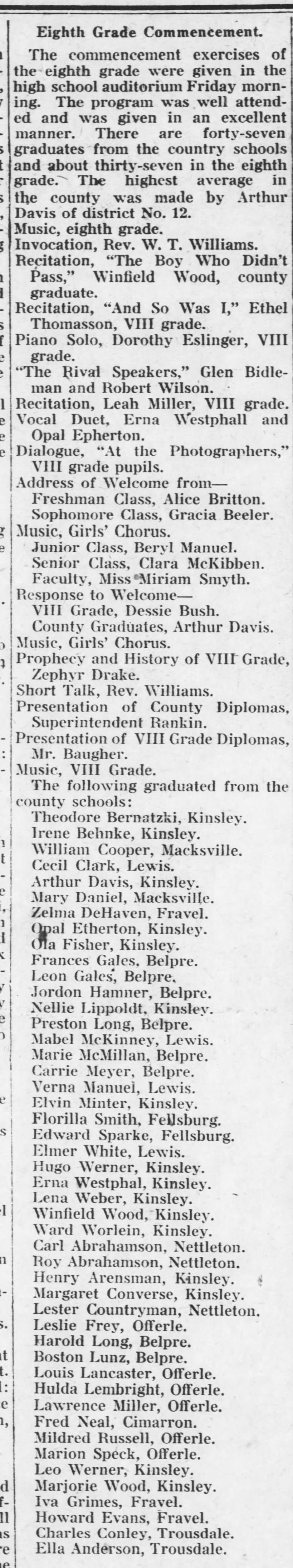 Etherton, Opal - 8th Grade Commencement
Kinsley Mercury - 24 May 1917, pg 1